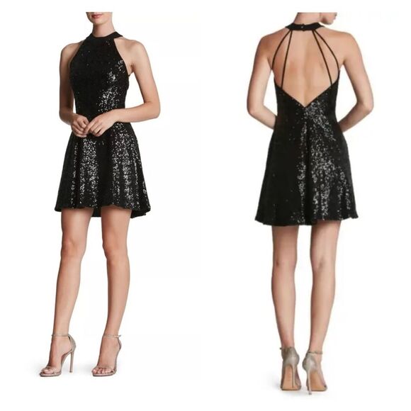 NWT Dress The Population 'ANNIE' Halter Sequin Black  Mini Open Back Dress Sz M - Picture 1 of 15